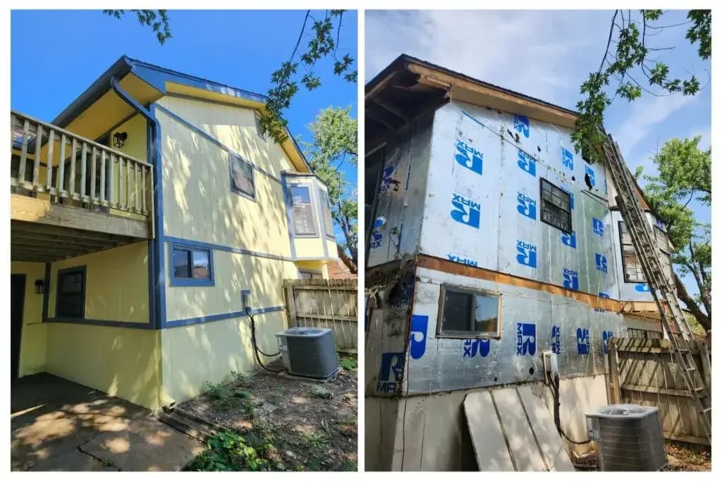 Side-by-side views of a house with finished siding on the left and siding removal and repair work on the right